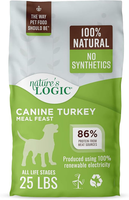 Nature's Logic Dry Dog Food - 100% Natural - No Synthetics - for All Ages, Sizes, Breeds - Free from Common Allergens, High Protein - Turkey Meal Feast, 25lbs