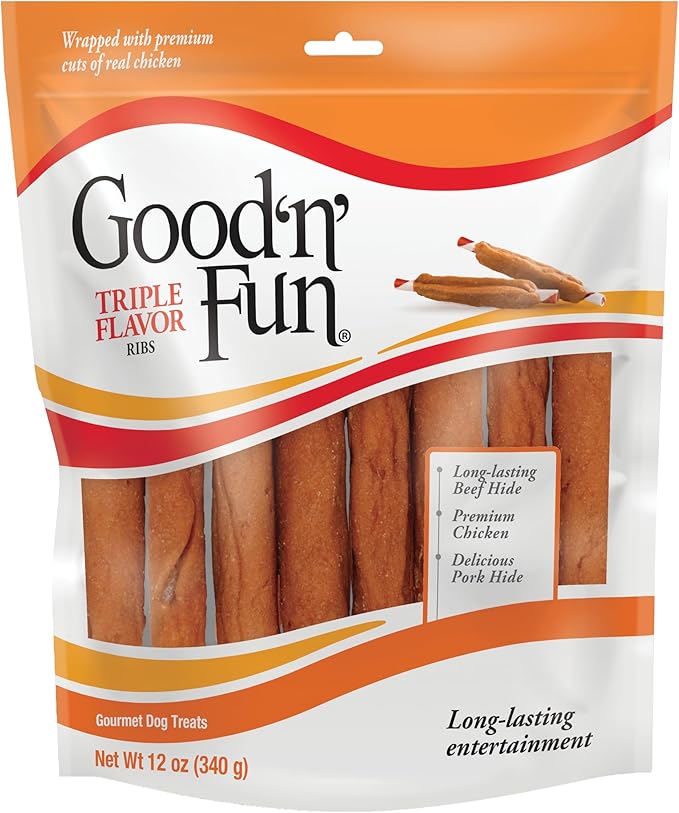 Good ‘n’ Fun Triple Flavor Ribs Chews for All Dogs, 12 Ounces, Treat Your Dog to Long-Lasting Chews Made with Beef Hide, Chicken and Pork Hide