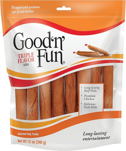 Good ‘n’ Fun Triple Flavor Ribs Chews for All Dogs, 12 Ounces, Treat Your Dog to Long-Lasting Chews Made with Beef Hide, Chicken and Pork Hide