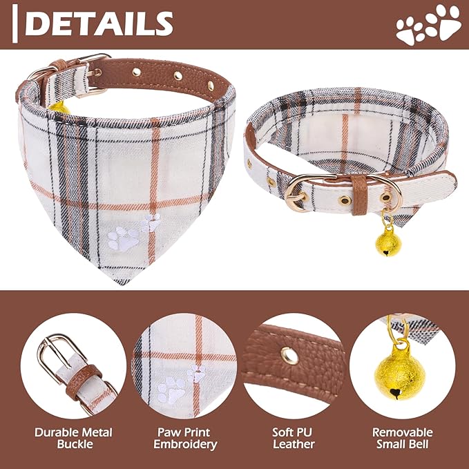 EXPAWLORER Puppy Collar and Leash - Embroidery Pawprints Plaid Small Dog Collars and Leash Set, Cute Bandana and Detachable Collar, Suitable for Small Dogs Cats Girl Boy, Cream S