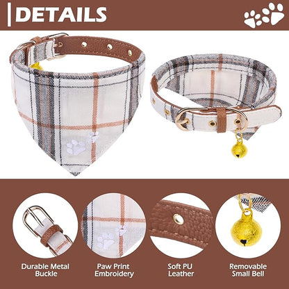 EXPAWLORER Puppy Collar and Leash - Embroidery Pawprints Plaid Small Dog Collars and Leash Set, Cute Bandana and Detachable Collar, Suitable for Small Dogs Cats Girl Boy, Cream XS