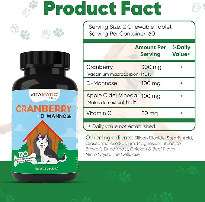 Vitamatic Cranberry for Dogs – 120 Chewable Tablets – with D-Mannose, Apple Cider Vinegar & Vitamin C – Urinary Tract & Bladder Support for Dogs