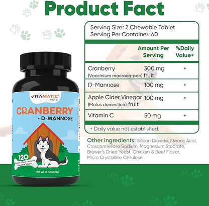 Vitamatic Cranberry for Dogs – 120 Chewable Tablets – with D-Mannose, Apple Cider Vinegar & Vitamin C – Urinary Tract & Bladder Support for Dogs