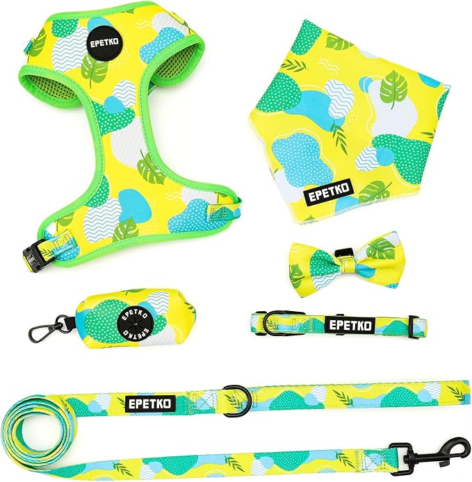 Small Dog Harness and Leash Set of 6, No Pull Soft Lightweight Mesh Puppy Harness， Adjustable Cute Floral Pattern Pet Harness for Small Medium Dogs (Green Leaf, M)