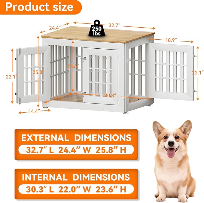 Snuowu 32" Heavy Duty Dog Crate Furniture for Small,Medium and Large Dogs,Rustic Wooden Dog Cage Kennel Indoor Furniture with Waterproof Top,Decorative Pet House Side End Table (White & Wood)