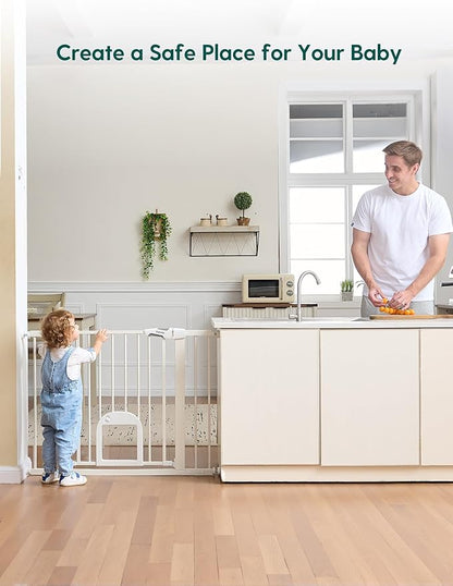 Babelio 29-48" Extra Wide Baby Gate with Adjustable Cat Door,Easy Install Pressure/Hardware Mounted,Auto Close Pet door for Stairs,House,Doorways,Effortless Walk Thru,White