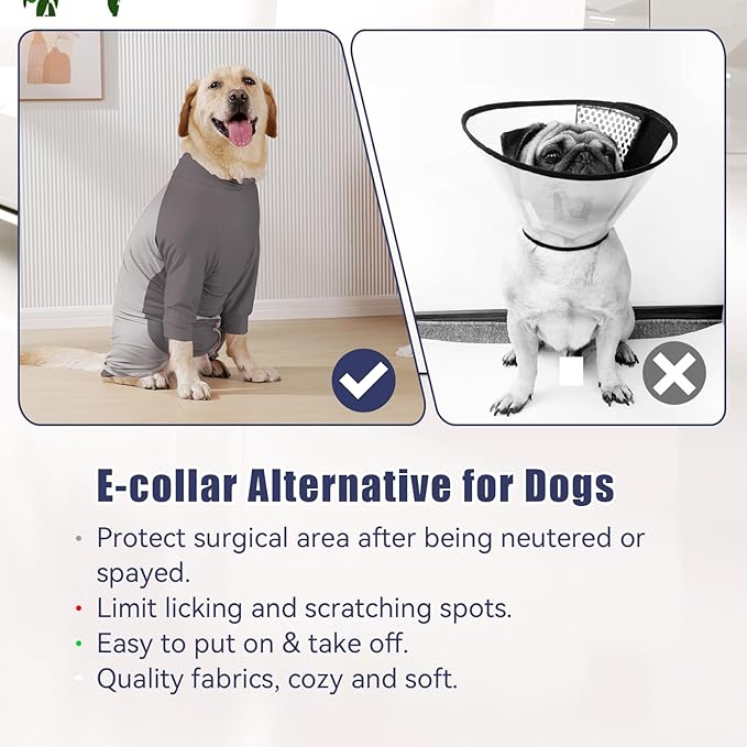Dog Recovery Suit for Surgery Dog Onesie for Female and Male E-Collar Alternative Anti Shedding Pajamas Long Sleeve Claming Bodysuit Gray M