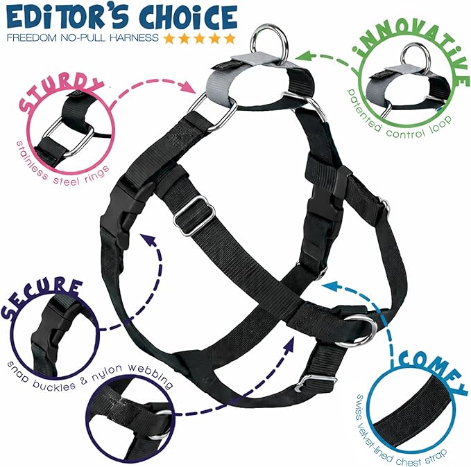 2 Hounds Design Freedom No Pull Dog Harness, Adjustable Harness, Easy Walking & Comfortable Control, Fits Small, Medium & Large Dogs, Solid Colors, Made in USA, 1" MD, Black