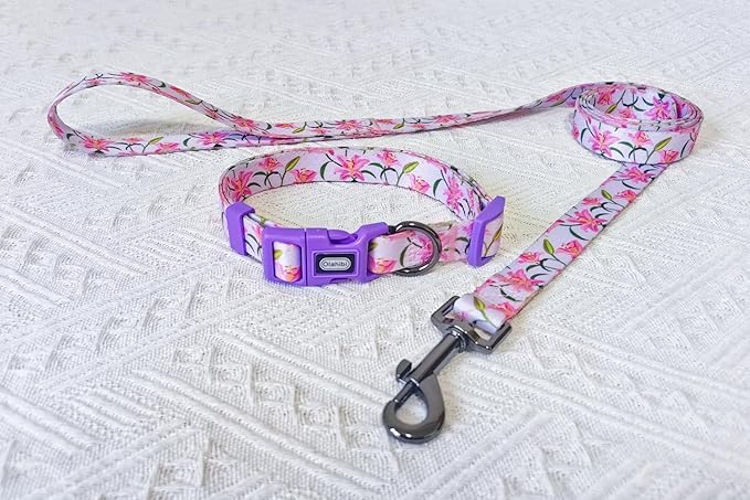 Dog Collar Leash Set, Floral Pattern, Polyester Material, Adjustable Collar and 5ft Matchcing Leash, for Small Dogs.(S, Purple Lily)