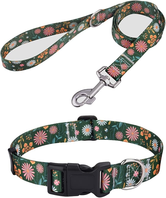 Mihqy Dog Collar and Leash Set with Bohemia Floral Tribal Geometric Patterns - Soft Ethnic Style Collar Adjustable for Small Medium Large Dogs(Dark Green Flower Set,XS)
