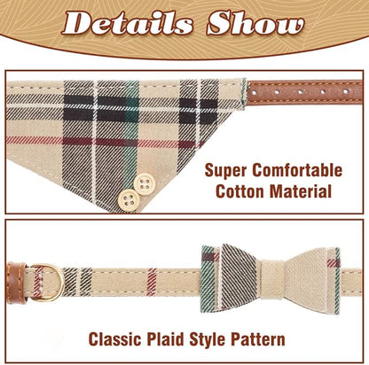 EXPAWLORER Dog Collar and Leash Set - Classic Plaid Dog Bow Tie and Dog Bandana Collar, Dog Leash Tangle Free, Adjustable Collars for Small Medium Large Dogs Cats, Holiday Ideal Gift