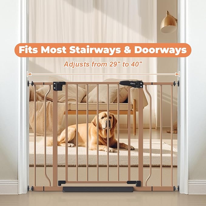29"-40" Baby Gate for Stairs, Auto Close Stroller Friendly Dog Gate Indoor for Doorways, Pressure Mounted Baby Gate, Easy Walk Through Gate for Children & Pets, Brown