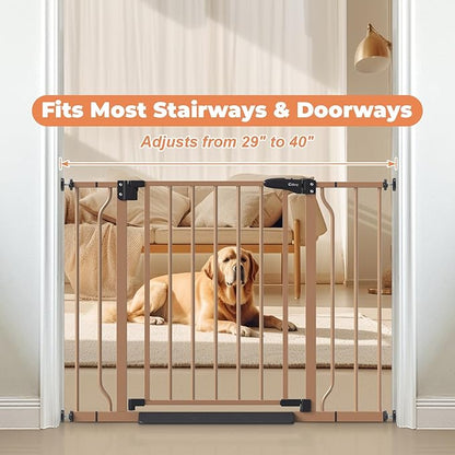 29"-40" Baby Gate for Stairs, Auto Close Stroller Friendly Dog Gate Indoor for Doorways, Pressure Mounted Baby Gate, Easy Walk Through Gate for Children & Pets, Brown
