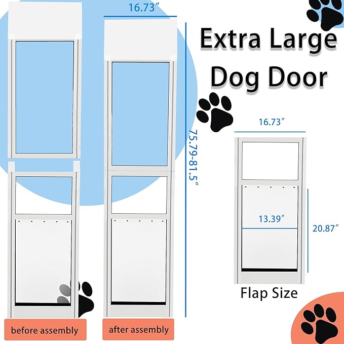 XLarge Dog Door for Sliding Glass Doors Adjustable 75.79“ to 81.5” All Metal Framed Lockable Panel Extra Large Dog Door for Sliding Glass Door Easy Installation and Durable Design