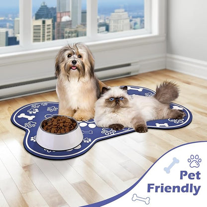 Dog Cat Mat for Food and Water,Rapid Absorbent Pet Feeding Mat, Bone Shaped Dog Placemat Bowl Mat with Rubber Backing,No Stains Pet Food Mats Indoor, Pet Accessories Supplies,Blue 23"×36"