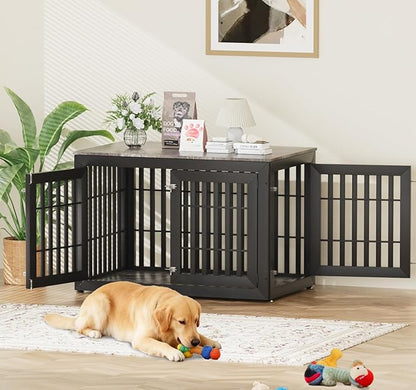 Snuowu 48" Heavy Duty Dog Crate Furniture for Small,Medium and Large Dogs,Rustic Wooden Dog Cage Kennel Indoor Furniture with Waterproof Top,Decorative Pet House Side End Table (Black & Grey)