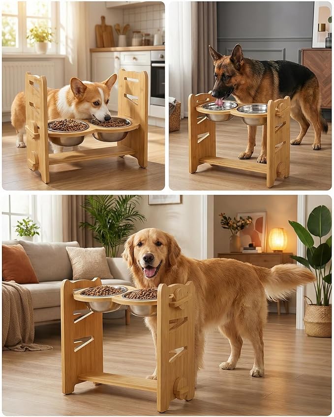Jovrun Elevated Dog Bowls, Adjustable Raised Dog Bowl Stand for Medium Size Dogs, 15°Tilted Elevated Dog Bowls, Durable Bamboo Dogs Feeder with 2 Stainless Steel Bowls and Non-Slip Feet