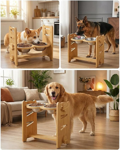 Jovrun Elevated Dog Bowls, Adjustable Raised Dog Bowl Stand for Medium Size Dogs, 15°Tilted Elevated Dog Bowls, Durable Bamboo Dogs Feeder with 2 Stainless Steel Bowls and Non-Slip Feet