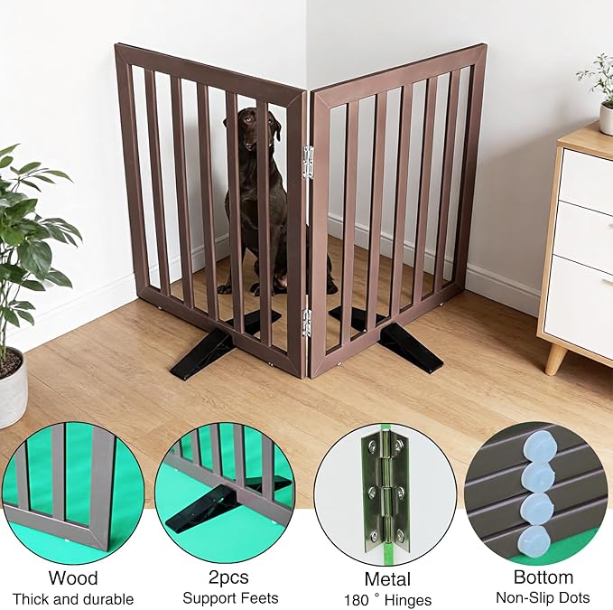 Dog Gate Indoor, Freestanding Dog Fence for The House, Doorways, Hallways,or Stairs,Pet Gate Foldable Wooden,Expandable 24" Height 2 Panels,Brown