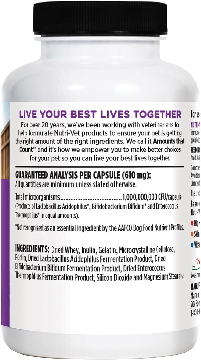 Nutri-Vet Probiotics for Dogs, Dog Probiotics for Digestive Health, Puppy Probiotics, Promotes Healthy Immune System & Gut Health, Vet Formulated, Puppy Supplies, 60 Count Capsules