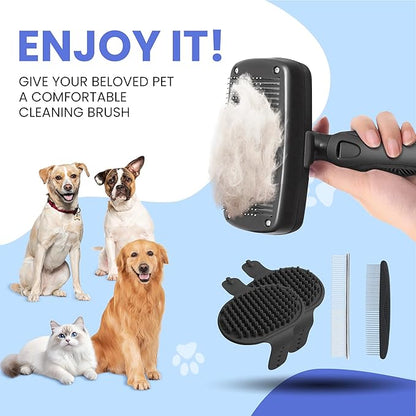 Self Cleaning Shedding Brush - 5-in-1 Professional Pet Grooming Kit Skin Friendly Grooming Tool for Dogs, Cats, and Puppies, Deshedding and Hair Removal for Long and Short Haired Pets, Black