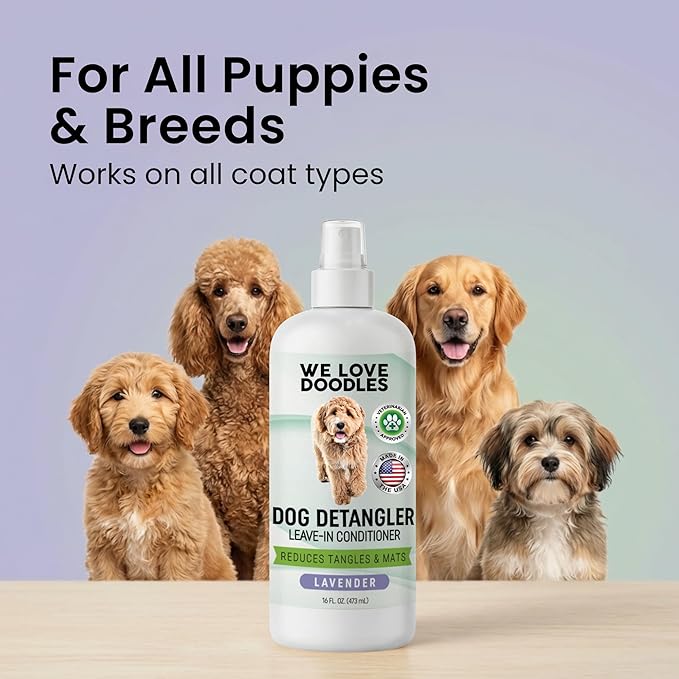 We Love Doodles Dog Detangler Spray - Leave-in Conditioner for Dogs - Dog Detangling Spray - Dematting Spray for Dogs - Tangle Remover - Made in The USA (Lavender)