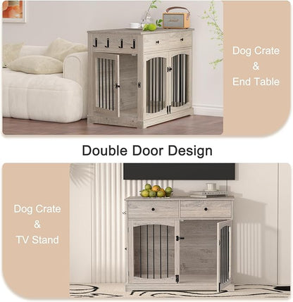 BREEZEHEAT Rustic Grey Dog Crate Furniture-40 inch Farmhouse Dog Kennel with Two Drawers-End Table Wooden Pet Crate, Decorative Dog House Indoor for Small Medium Large Dog