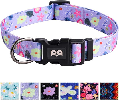 QQPETS Adjustable Soft Dog Collar: Print Flower Pink Multicolor Cute Patterns for XS Small Medium Large Pet Girl Boy Puppy Walking Running Training