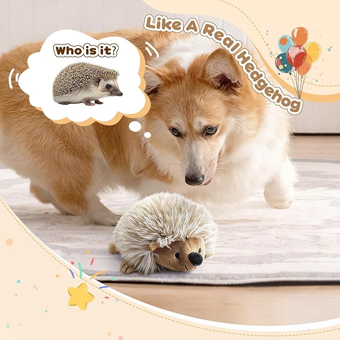 Pawaboo Plush Dog Toy, Non-Toxic Super Soft Faux-Fur Hedgehog Dog Toy Squeak Aninal Toy Stuffed Biting Training Playing Toys for Dog Puppy, Brown