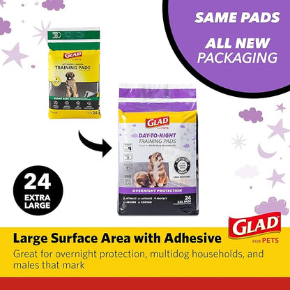 Glad for Pets Day to Night Activated Carbon Puppy Training Pads, Odor Control Disposable Dog Pads with Adhesive and Wall Protection, Leak Proof and Super Absorbent, 30 x 36 Inch, 24 Count - 2 Pack