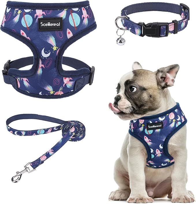 SCENEREAL Small Dog Harness Collar and Leash Set, Adjustable No Pull Pet Harnesses, No Chock Soft Mesh Vest for Doggie Puppy Medium Dogs Cats Girl or Boy,Chihuahua, Yorkie, Outdoor Walking