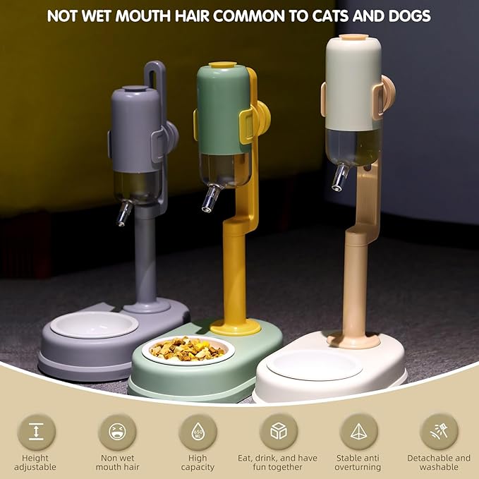 Pet Standing Water Dispenser Cat Dog Standing Ceramic Bowl Automatically Feeding Water Height Adjustable Detachable Pole (Grey, Large)