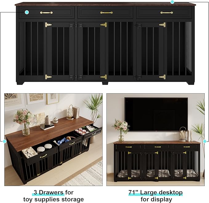 Dog Crate Furniture - Indoor Wooden Dog Kennel Crate Furniture with 2 Dividers, 3 Drawers, and 3 Lockable Doors, 72"x23.6"x31.5"H, Black