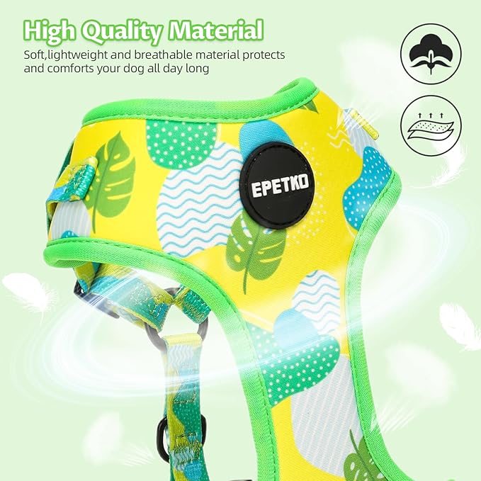 Small Dog Harness and Leash Set of 6, No Pull Soft Lightweight Mesh Puppy Harness， Adjustable Cute Floral Pattern Pet Harness for Small Medium Dogs (Green Leaf, M)