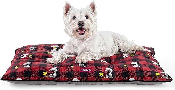Berkshire Peanuts® Square Dog Bed, Suedemink Fleece Pet Mat with Waterproof & Non-Slip Bottom, Soft Plush Dog Mat for Crate, Couch, or Floor, Machine Washable(Snoopy Everyday Buffalo Plaid, Medium)