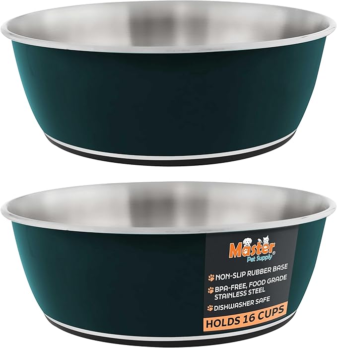 Master Pet Supply Stainless Steel Dog Bowls Set of 2 (128 Oz Each) with Non-Slip Rubber Base - Emerald Sea - Basic Dog Food Bowl Water & Food Bowls for Small Medium Large Dogs & Cats, Metal Dish