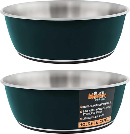 Master Pet Supply Stainless Steel Dog Bowls Set of 2 (128 Oz Each) with Non-Slip Rubber Base - Emerald Sea - Basic Dog Food Bowl Water & Food Bowls for Small Medium Large Dogs & Cats, Metal Dish