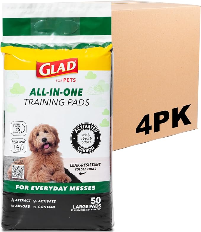 Glad for Pets Black Charcoal Puppy Training Pads with Odor Control and Pheromone Attractant, Leak Resistant Dog Potty Pads for House Training Puppies and Dogs, 23 x 23 in, 50 Count - 4 Pack