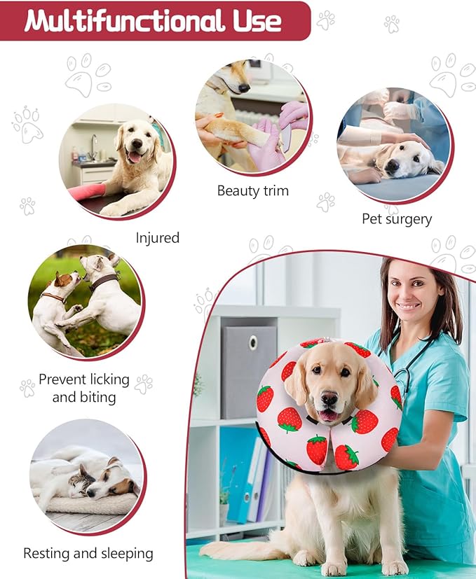 MIDOG Inflatable Dog Cone Alternative for After Surgery - Soft Protective Donut Collar Prevents Licking, Comfortable Recovery E-Collar Alternative for Small Medium Large Dogs (Strawberry,S)
