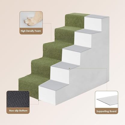 EHEYCIGA Dog Stairs for High Bed 22.5" H, 5-Step Dog Steps for Bed, Pet Steps for Small Dogs and Cats, Non-Slip Balanced Pet Ramp Indoor, Olive Green