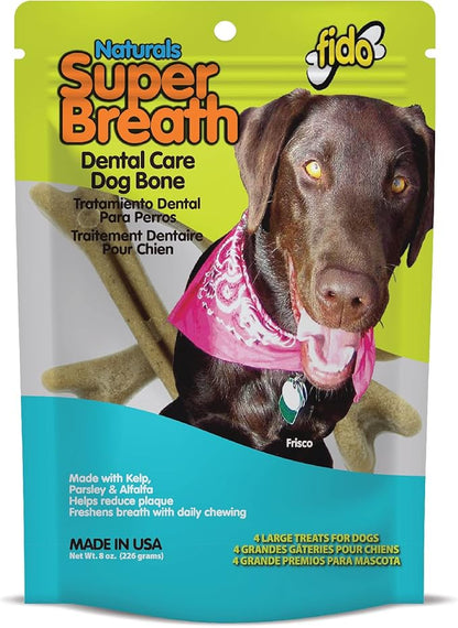 Fido - Super Breath Dental Care Bones for Dogs - 4 Count Large Dog Dental Treats for Large Dogs (Made in USA) - Tasty Dog Dental Chews Help Reduce Plaque, Tartar Buildup, and Freshens Breath