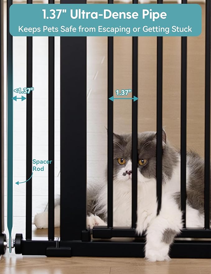 No Pawblems 55" Extra Tall Pet Gate for Cat/Dog, 29-40" Wide Auto Close Tall Dog Gate for Doorways/Hallways, 1.37" Ultra Narrow Spacing, NO Drilling Pressure Mounted, Black