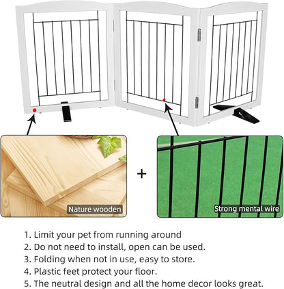 ZJSF Freestanding Dog Fence Indoor, Foldable Dog Gate for Doorways, Stairs or Hallways, Sturdy Wood Extra Wide Pet Gate with Support Feet for The House, White, 24 "Height-3 Panels
