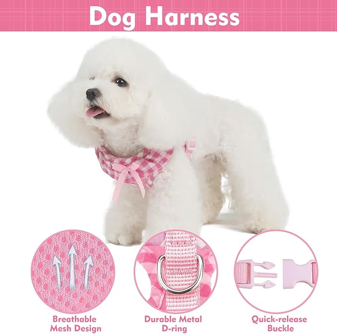 EXPAWLORER Cute Dog Harness Collar Leash Set - Pink Girl Dog Harness Checkered Step-in Design, Detachable Bow Pet Collar, Adjustable No-Choke Lightweight Mesh Vest for Small Medium Dogs, M