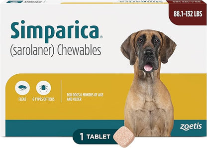 Simparica (sarolaner) Chewables for Dogs, 120 mg/tab, 88.1-132 lbs (Brown), 1 Tablet