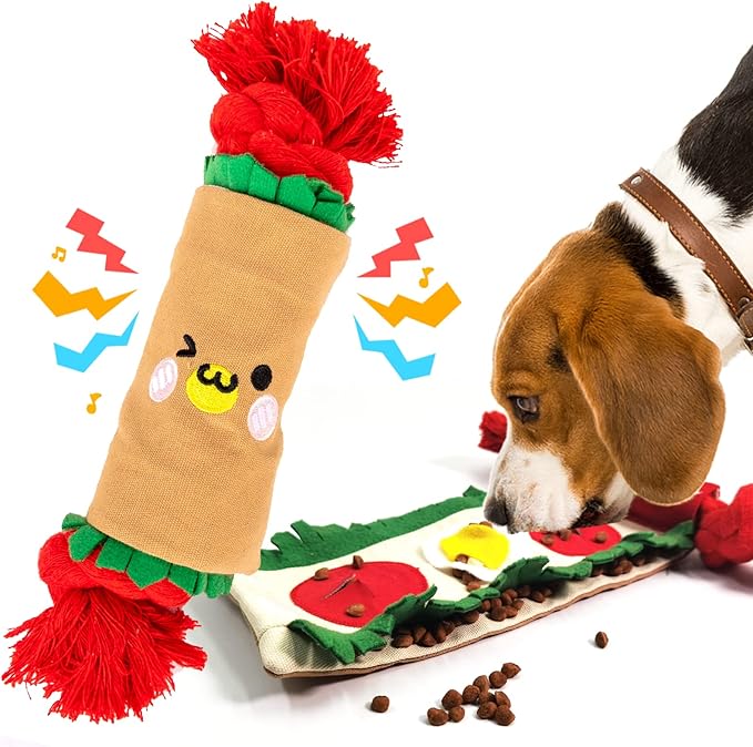 lilfrd Dog Puzzle Snuffle Mat Toys, Squeaky Enrichment Rope Crinkle Treat Dispensing Tug Toy for Small Medium Large Dog, Boredom and Mental Stimulation Toy, Burrito