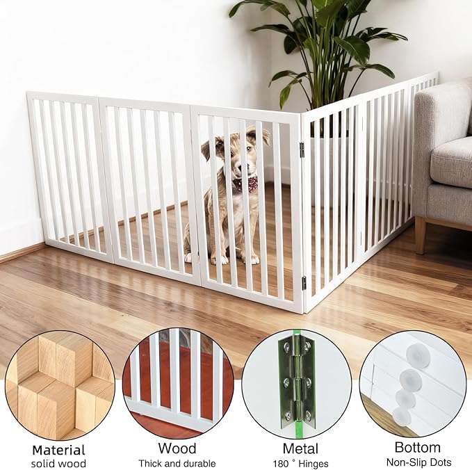 ZJSF Freestanding Indoor Dog Gate for House Foldable Wood White Puppy Gate for Doorways Pet Gate for Stairs Extra Wide Pet Fence 24" Height 6 Panels