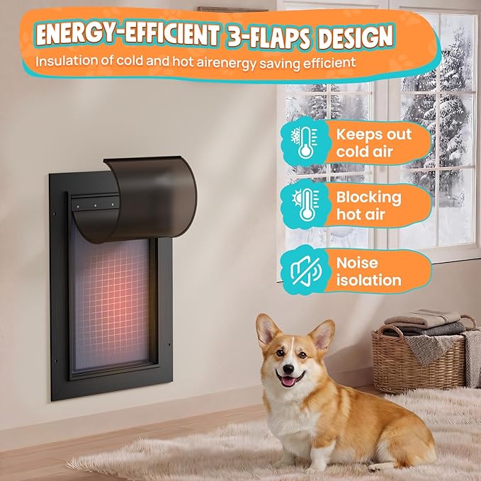 3-Flap Dog Door for Wall, All Aluminum Medium Doggy Door for Wall, Heavy Duty Pet Door with Lock, Extreme Weather Doggie Door for Interior Exterior Wall, Pets Up to 45LB