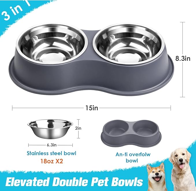 Epetslove Dog Bowl Double Dog Water and Food Bowl Stainless Steel Bowls with Non-Slip Resin Station, Pet Feeder Bowls for Puppy Medium Dogs Cats