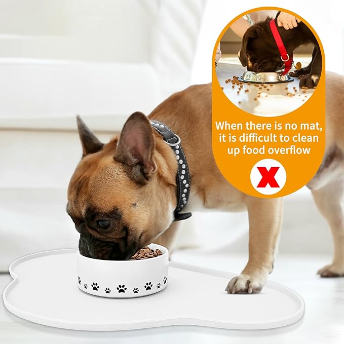 Ptlom Pet Placemat for Dogs and Cats, Non-Slip Waterproof Dog Feeding Mats Prevent Food and Water Overflow, Puppy Bowl Mat Suitable for Small, Medium and Large Pets, Silicone, White